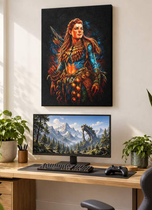 Machine Hunter's Path Aloy canvas wall art in a bright gaming room