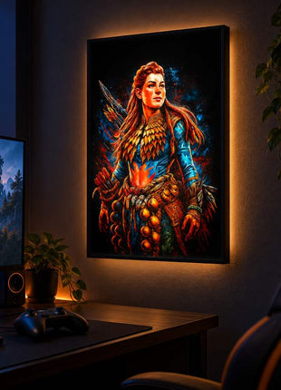 Machine Hunter's Path Aloy LED lightbox wall art glowing in a dark gaming room