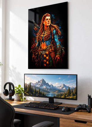 Machine Hunter's Path Aloy metal wall art above a modern gaming desk