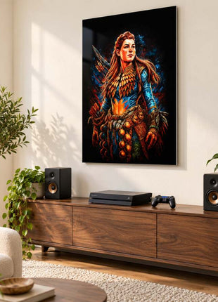 Machine Hunter's Path Aloy metal wall art in a bright media room