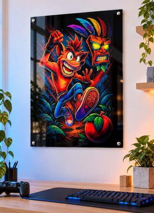Mask and Mayhem Crash Bandicoot acrylic wall art in a bright gaming office
