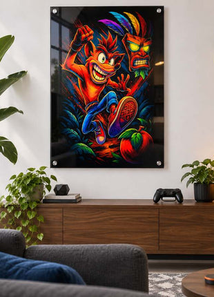 Mask and Mayhem Crash Bandicoot acrylic wall art in a modern media lounge
