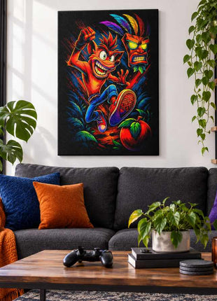 Mask and Mayhem Crash Bandicoot canvas wall art in a cozy gaming lounge