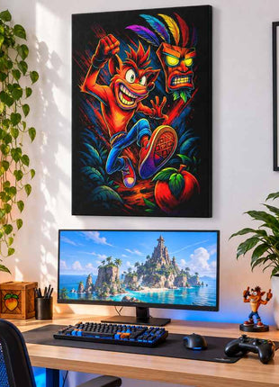 Mask and Mayhem Crash Bandicoot canvas wall art in a bright gaming room