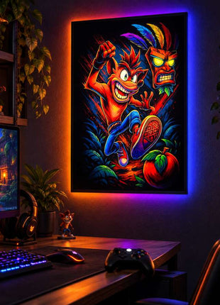 Mask and Mayhem Crash Bandicoot LED lightbox wall art glowing in a dark gaming room