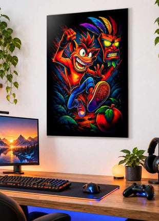 Mask and Mayhem Crash Bandicoot metal wall art above a modern gaming desk