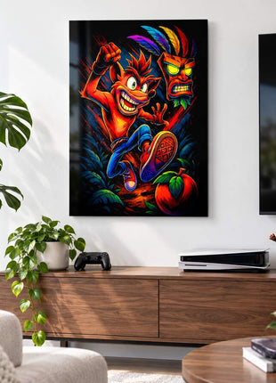 Mask and Mayhem Crash Bandicoot metal wall art in a bright media room
