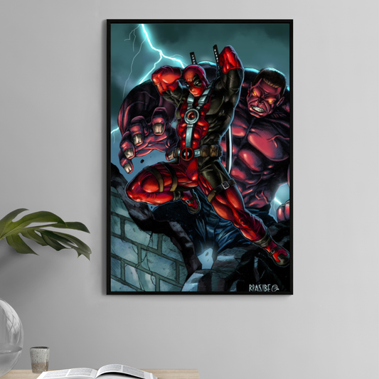 Alt Text: 11x17 print of Deadpool leaping into action with Red Hulk charging behind