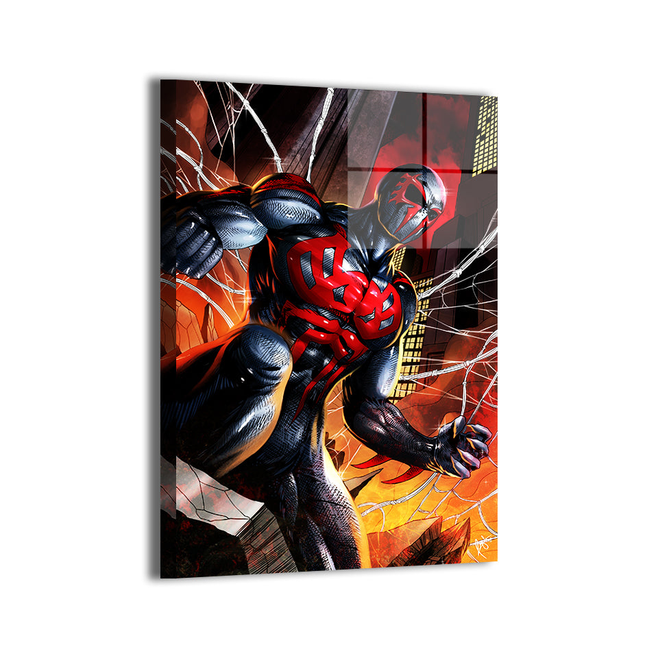 Spider-Man 2099 in dynamic city scene; art by Ceasar; modern metallic sheen.