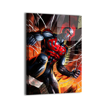 Spider-Man 2099 in dynamic city scene; art by Ceasar; modern metallic sheen.