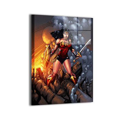 Aegis of Themyscira Metal — Wonder Woman on a ruined field, DC Comics fan art by Emma J. Jones, colors by Nestor Redulla Jr.; modern sheen, ready to hang.