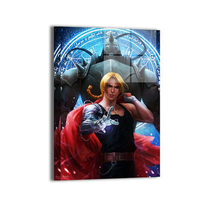 Alchemy Brothers Resolve Metal — Edward and Alphonse Elric with alchemy circle, Fullmetal Alchemist fan art by Nopeys; modern sheen, ready to hang.