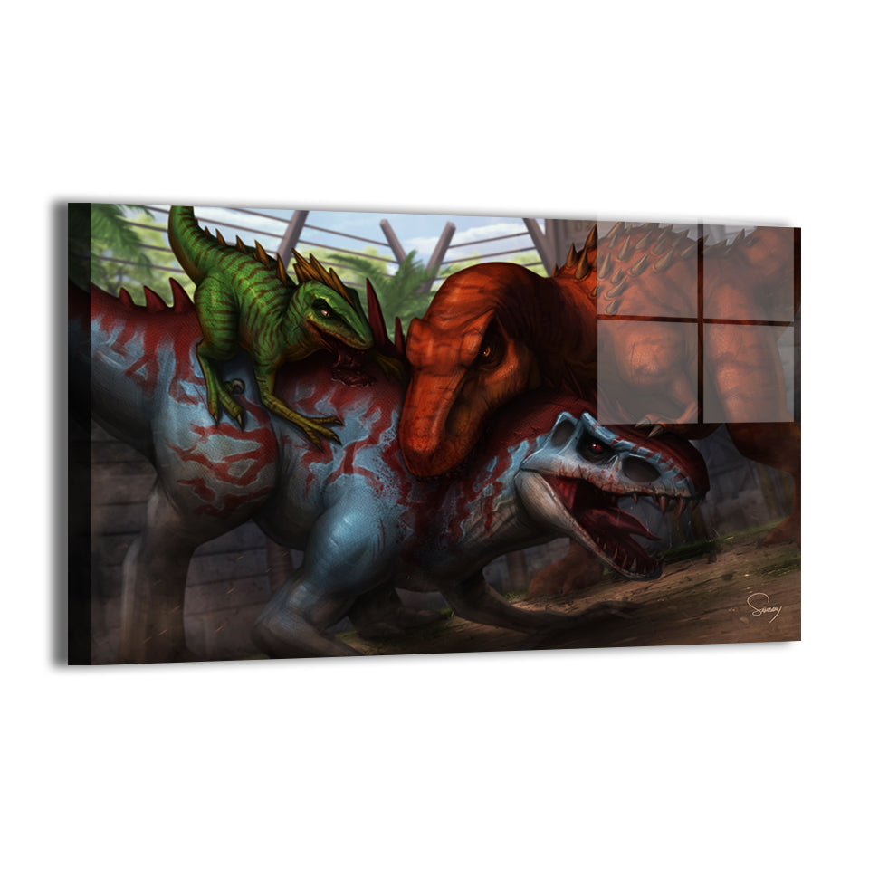 Jurassic-style apex predator fight artwork; metallic sheen, ready to hang.