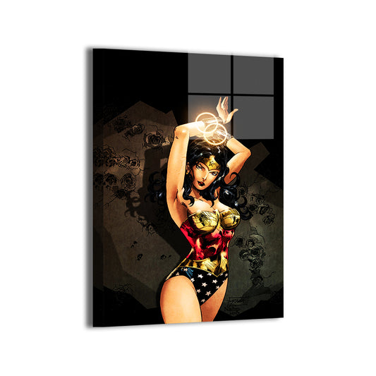 Amazon Radiance Metal Print — Wonder Woman in vintage suit with glowing bracelets, artwork by Ray Racho and Stephan “NAHP” Lemineur; modern sheen, ready to hang.