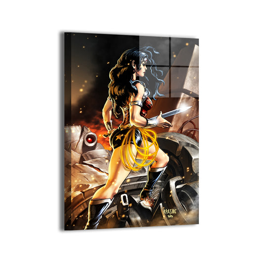 Amazon Vanguard Metal Print — Wonder Woman with glowing lasso and battlefield debris, artwork by Ryan Pasibe and Brian “Totz” Valeza; modern sheen, ready to hang.