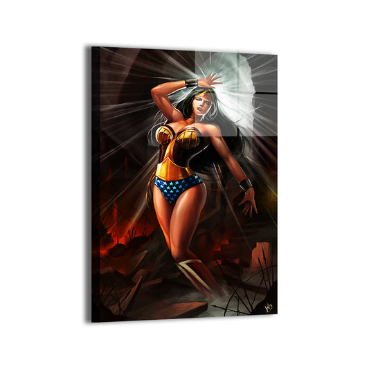 Wonder Woman heroic stance artwork; metallic sheen, ready to hang.