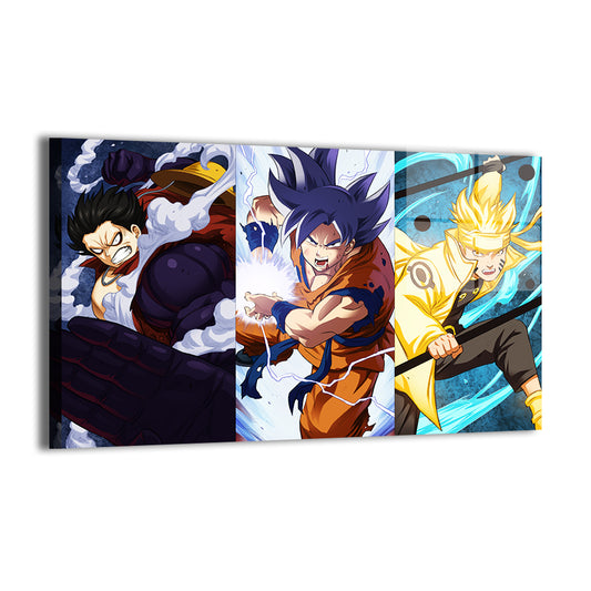 Anime Heroes Collide Metal Print — Goku, Naruto & Luffy, artwork by Ryan Pasibe and Sam Delatorre; modern sheen, ready to hang.