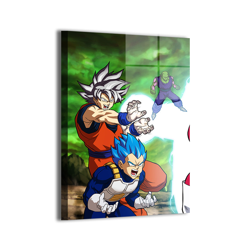 Goku, Vegeta, Piccolo energy charge artwork; metallic sheen, ready to hang.