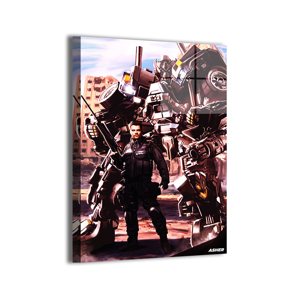 transformers ironhide with heavy cannons by Ben Asher; modern metallic sheen, ready to hang.