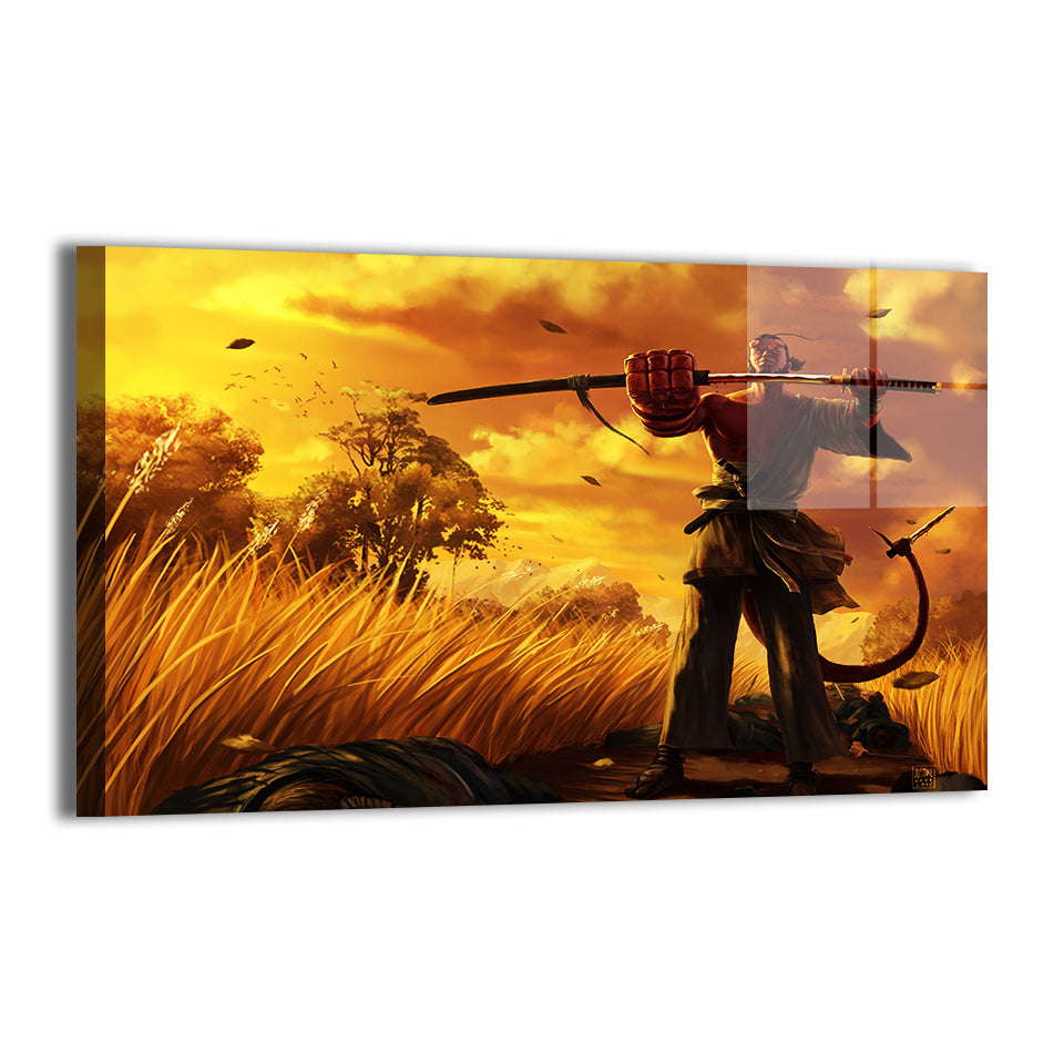 Hellboy samurai silhouette against glowing sunset field; modern metallic finish.