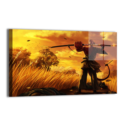 Hellboy samurai silhouette against glowing sunset field; modern metallic finish.