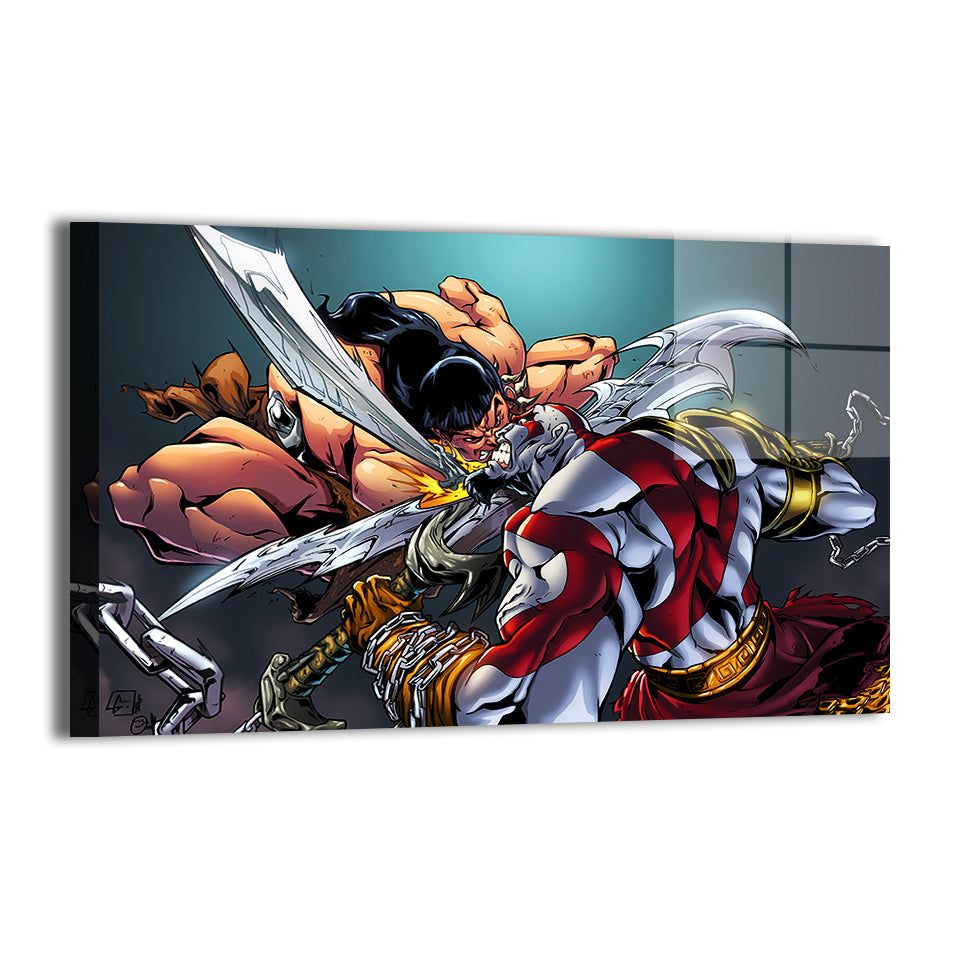 conan vs kratos crossover battle by Austin Janowsky; modern metallic sheen, ready to hang.