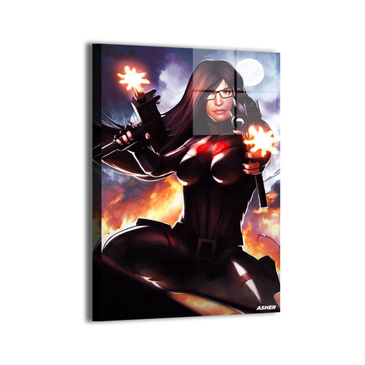 Baroness from Cobra attacking with dual weapons; Ben Asher artwork; modern metallic sheen.