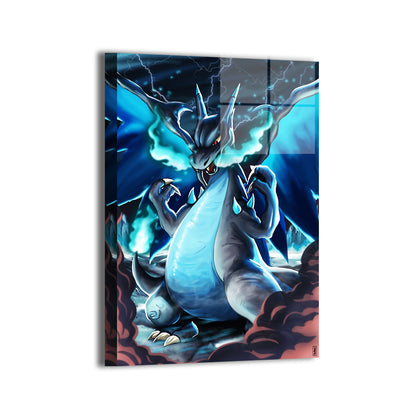 Blazing Evolution Metal Print — Mega Charizard X from Pokémon, artwork by Ray Dash; modern sheen, ready to hang.