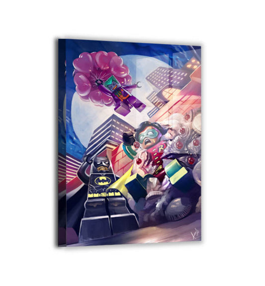 LEGO Batman, Robin, and Joker Block City Showdown vivid metal wall art, art by Ceasar.