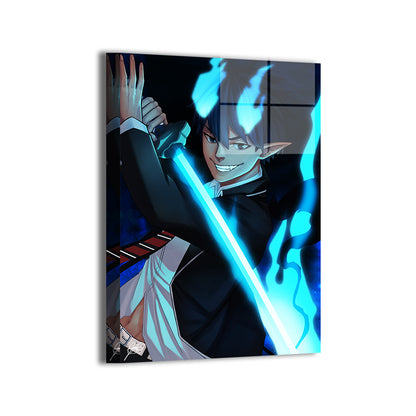 Blue Flame Duel Metal — Rin Okumura in blue fire, Blue Exorcist artwork by Shirra; modern sheen, ready to hang.