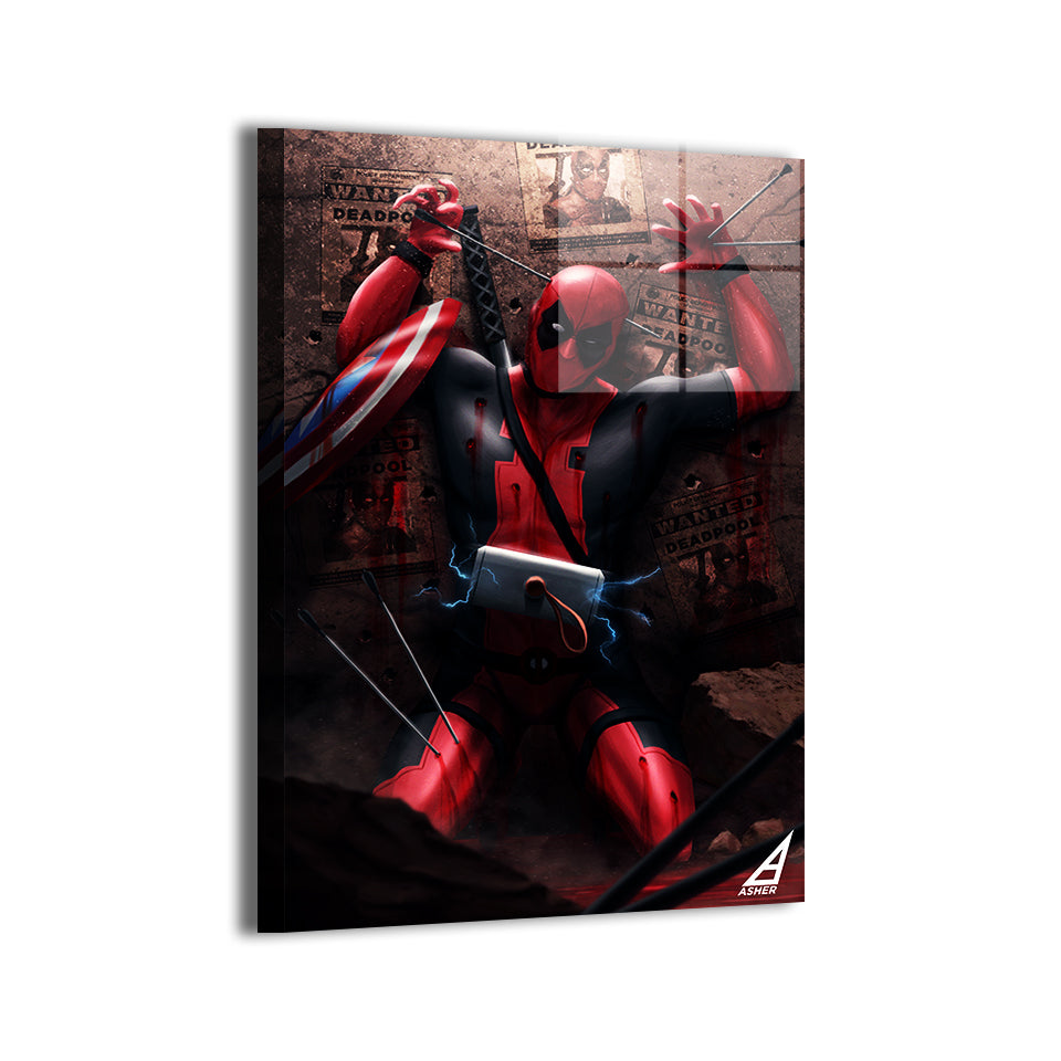 metallic Deadpool art print featuring dynamic action and rubble scene.