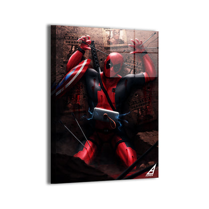 metallic Deadpool art print featuring dynamic action and rubble scene.