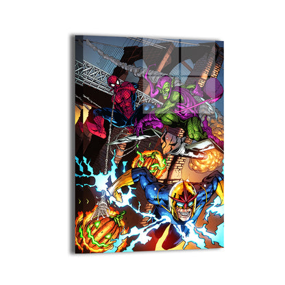 Bridge Ambush — Spider-Man, Green Goblin, and Nova; Curtis/Redulla Jr.; modern sheen, ready to hang.