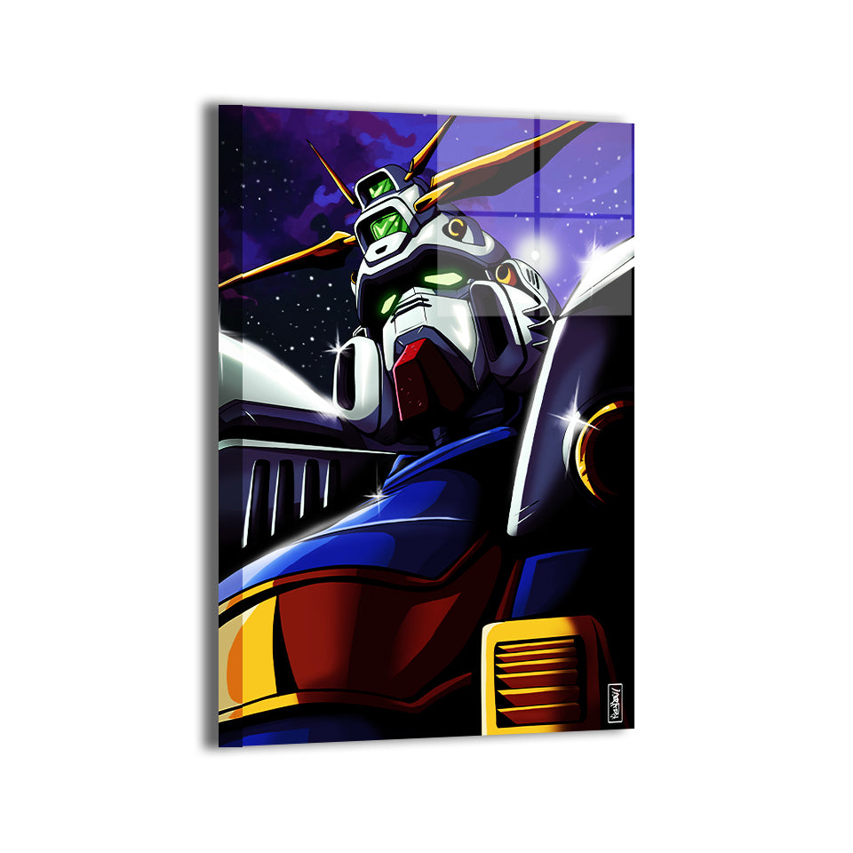 Celestial Mobile Suit Metal Print — bold Gundam portrait with starry background, artwork by Ray Dash; modern sheen, ready to hang.