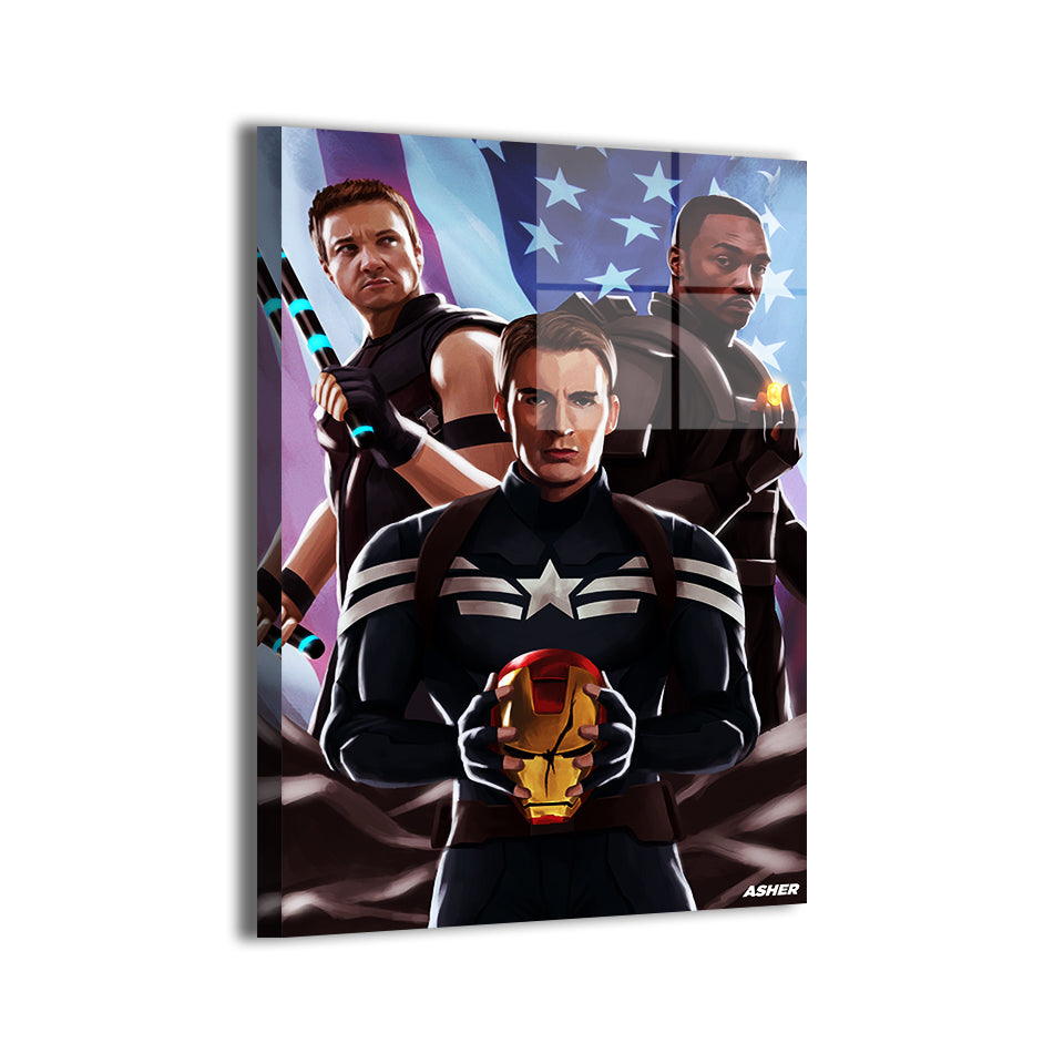 Captain America, Falcon, and Hawkeye by Ben Asher; modern metallic sheen, ready to hang.