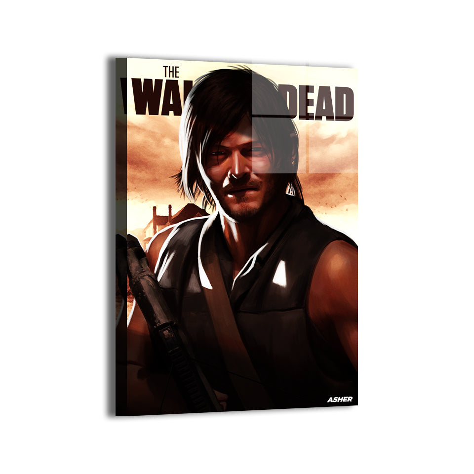 daryl dixon artwork with farmhouse background by Ben Asher; modern metallic sheen, ready to hang.