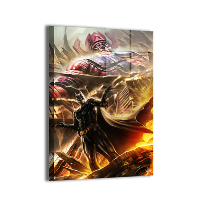 Batman and towering giant clash in crossover art; Ceasar artwork; metallic sheen.