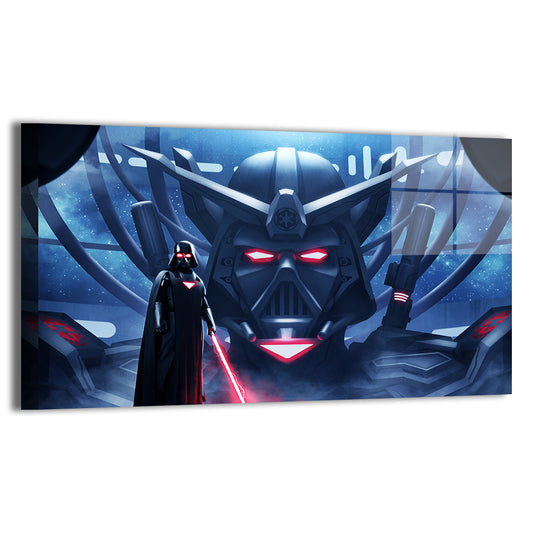 Sith mech and Darth Vader in futuristic hangar; bold metallic aesthetic.