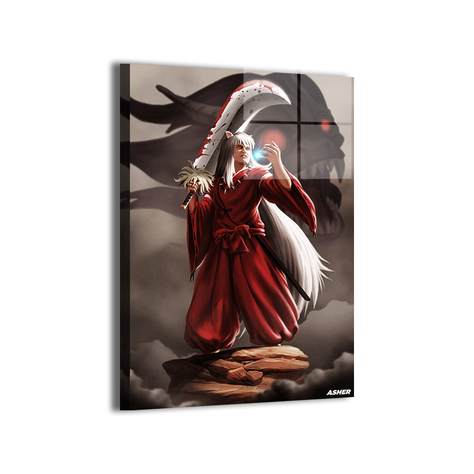 inuyasha raising tessaiga amid storm clouds by Ben Asher; metallic sheen, ready to hang.