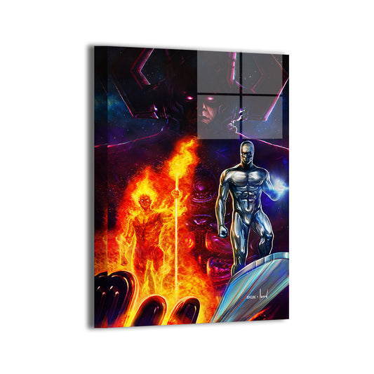 Devourer’s Heralds Ascend Metal — Galactus with heralds (Silver Surfer, Fire lord), Marvel fan art by Ryan Pasibe, colors by Marvin Tabacon; modern sheen, ready to hang.