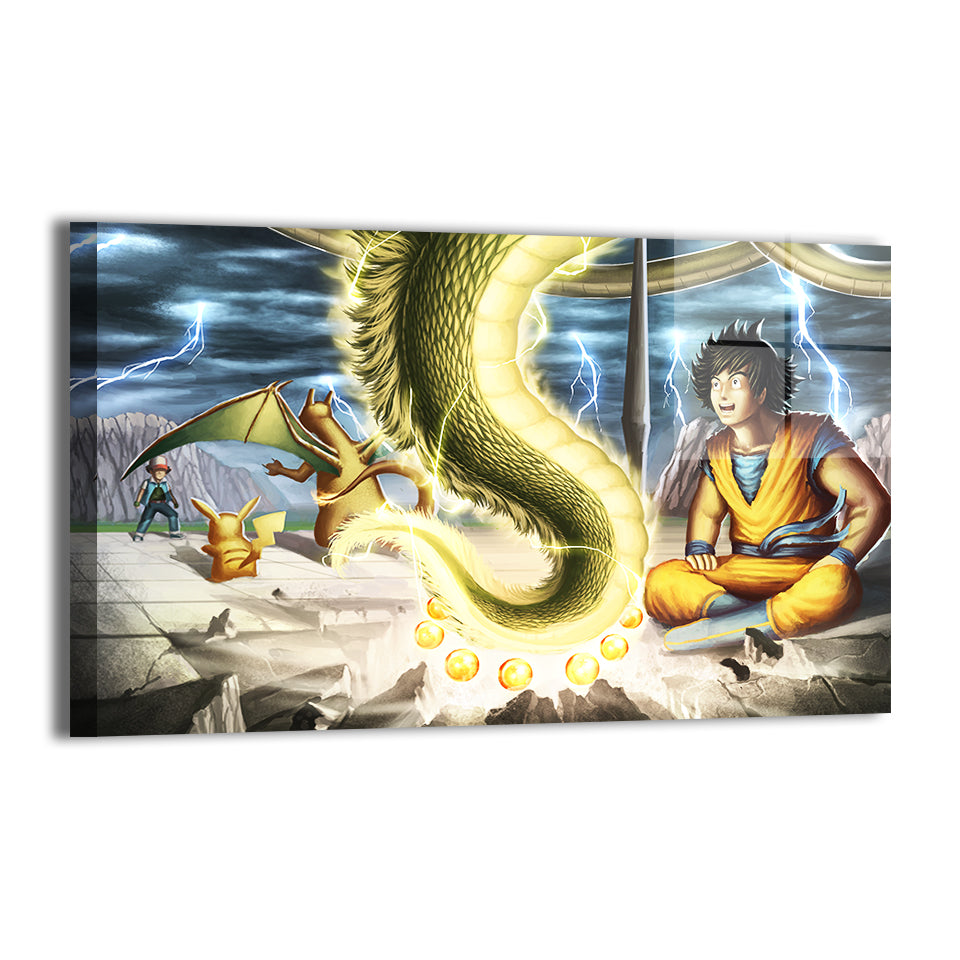 Dragon Ball and Pokémon crossover with Goku, Ash, Pikachu, Charizard, and Shenron by Oliver Morit; modern metallic sheen, ready to hang.