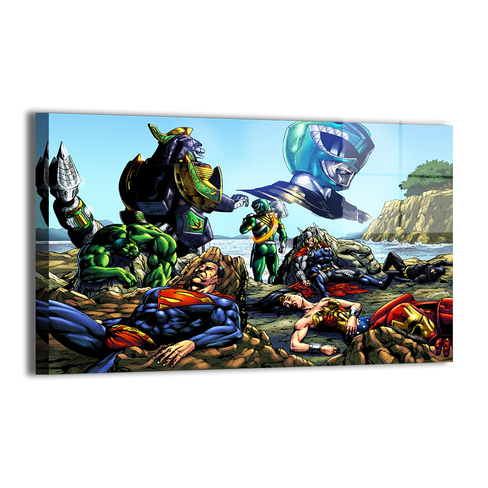 Crossover scene of Green Ranger and dragon mech among unconscious heroes; modern metallic finish.