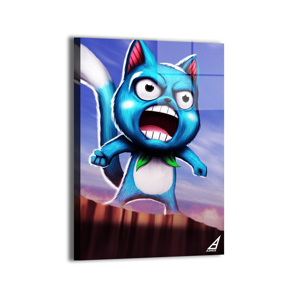 metallic anime wall art of happy the exceed with vivid sky backdrop.