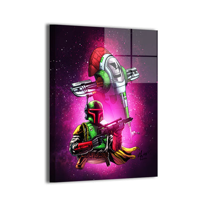 boba fett in beskar armor with starship by Vhon Remot; modern metallic sheen, ready to hang.