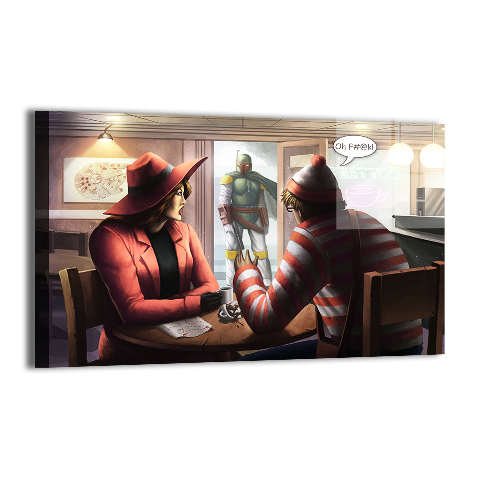 Crossover of Carmen Sandiego, Waldo, and Boba Fett in coffee shop; Oliver Morit artwork; metallic sheen.