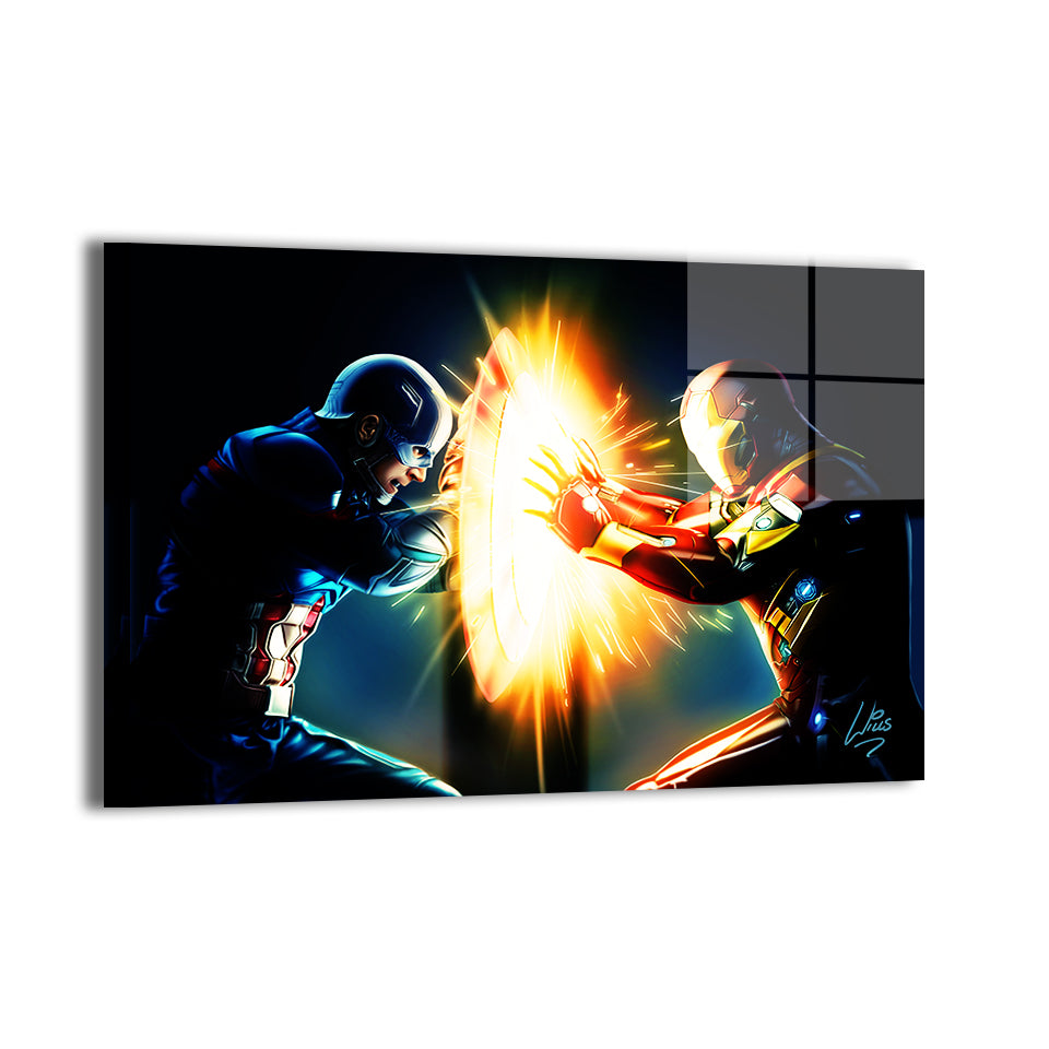 Captain America and Iron Man pushing against each other’s power in Civil War scene; Richard Williams; metallic sheen.