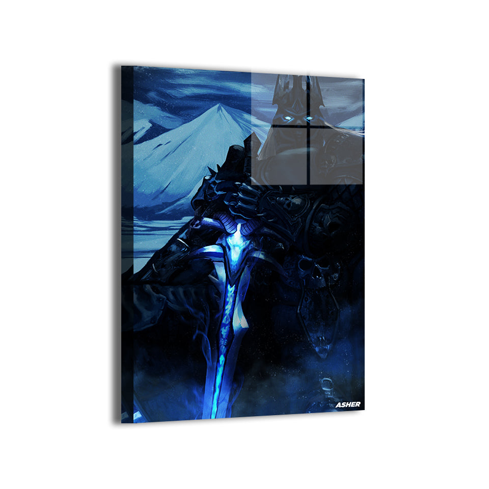 lich king portrait with rune-lit sword by Ben Asher; modern metallic sheen.