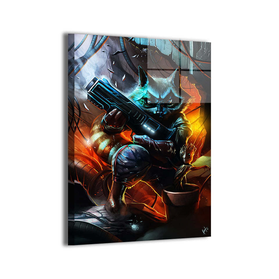 Rocket Raccoon and Groot cosmic artwork; metallic sheen, ready to hang.