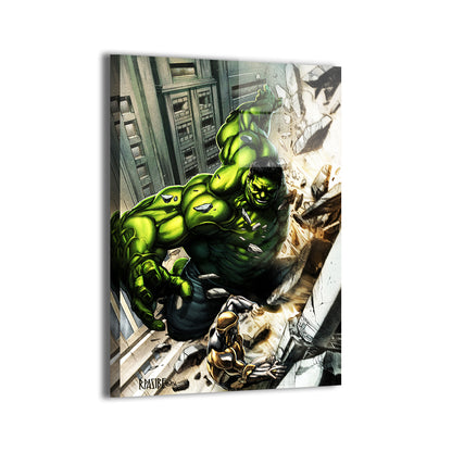 Avengers Hulk battle art by Ryan Pasibe (colors Brian Valeza) on sleek metal finish.