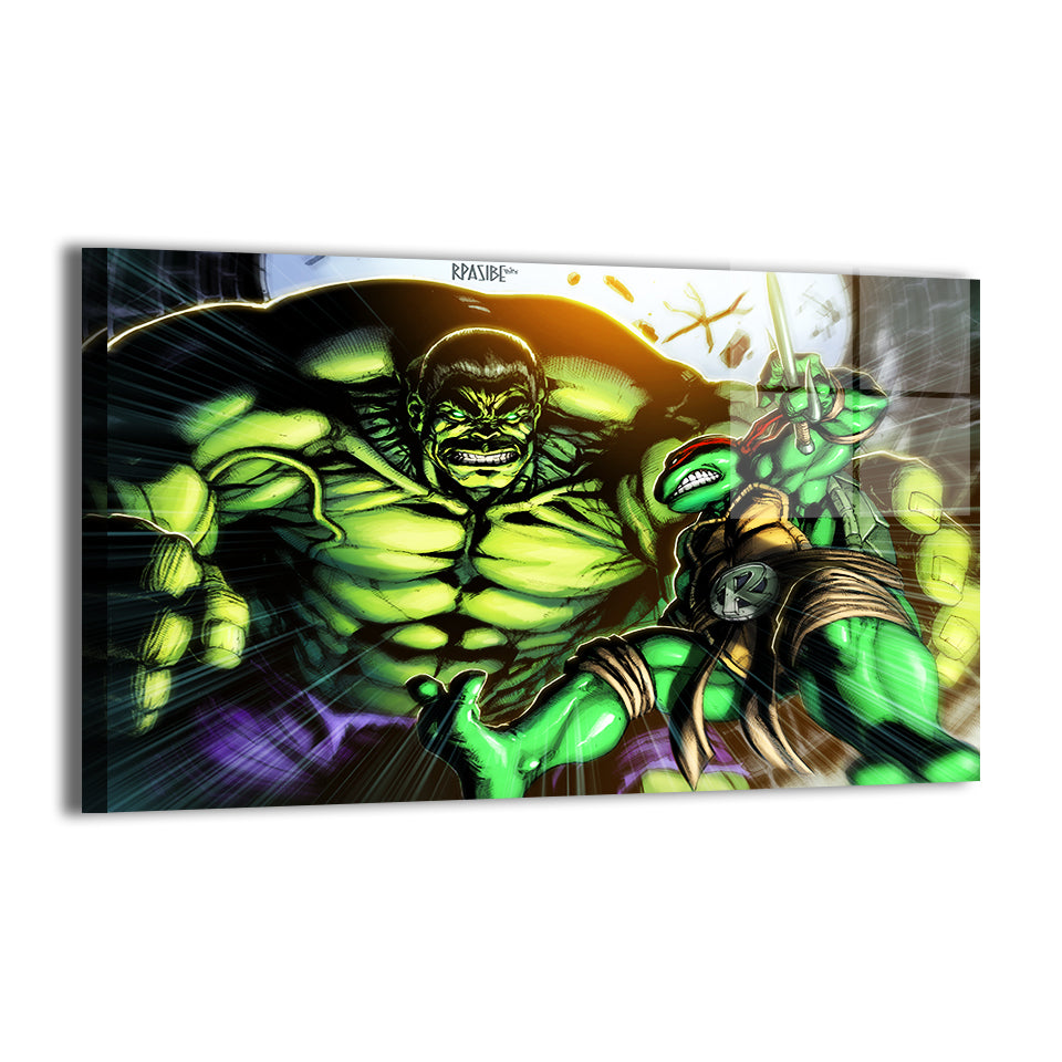Hulk vs Raphael by Ryan Pasibe (colors Brian Valeza); sleek metallic wall print.